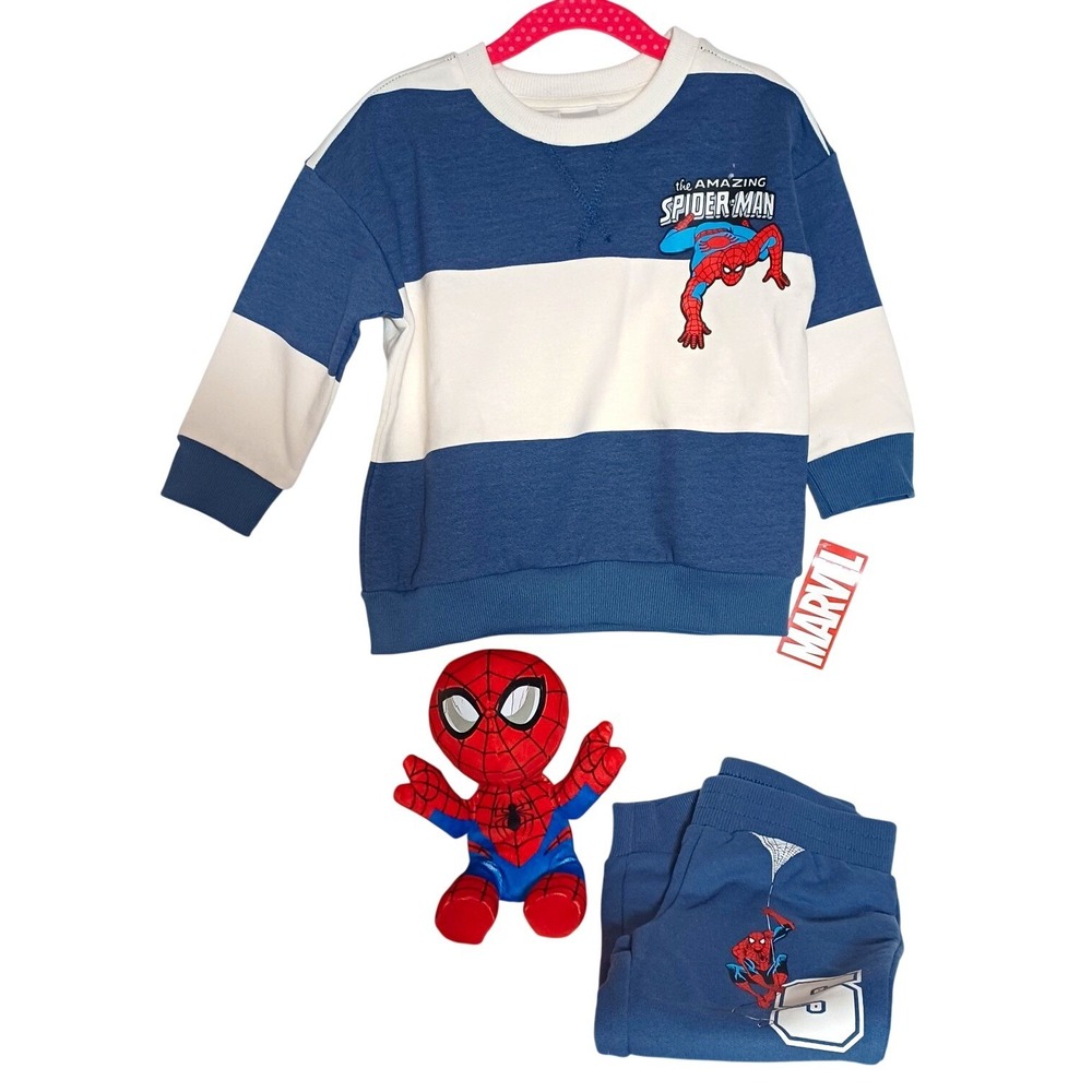 Marvel Spider-Man Boys 2T Sweatshirt Joggers Set with Plush Toy Blue White